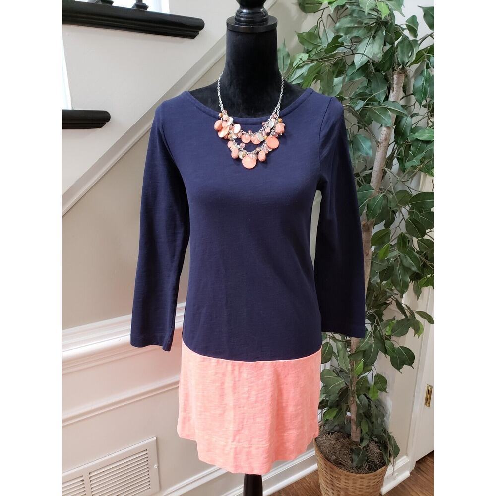 J. Crew Women's Blue Pink 100% Cotton Round Neck Long Sleeve Knee Length Dress S